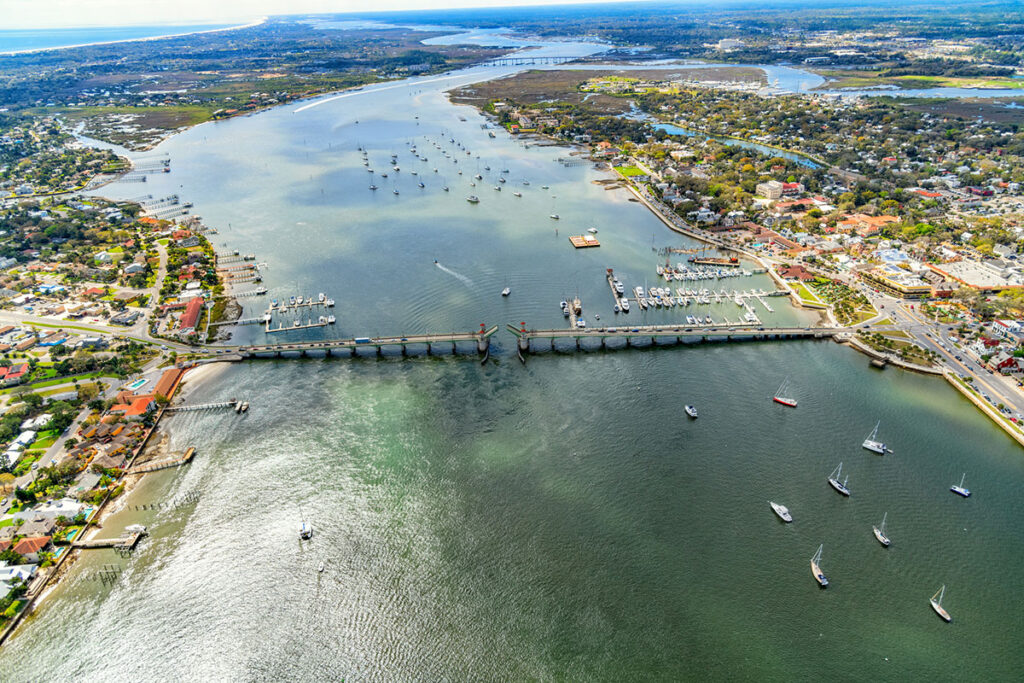 drone picture of st augustine , overlooking the river and the town
