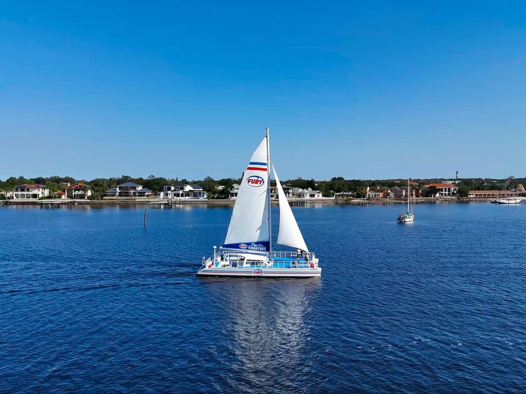 A sailboat glides across calm blue water near a shoreline lined with homes under a clear sky.